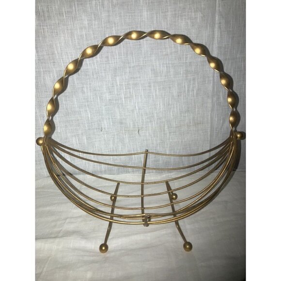 Vintage Mid Century Modern Brass Decorative Basket Braided Handle Ball Feet - Picture 1 of 4